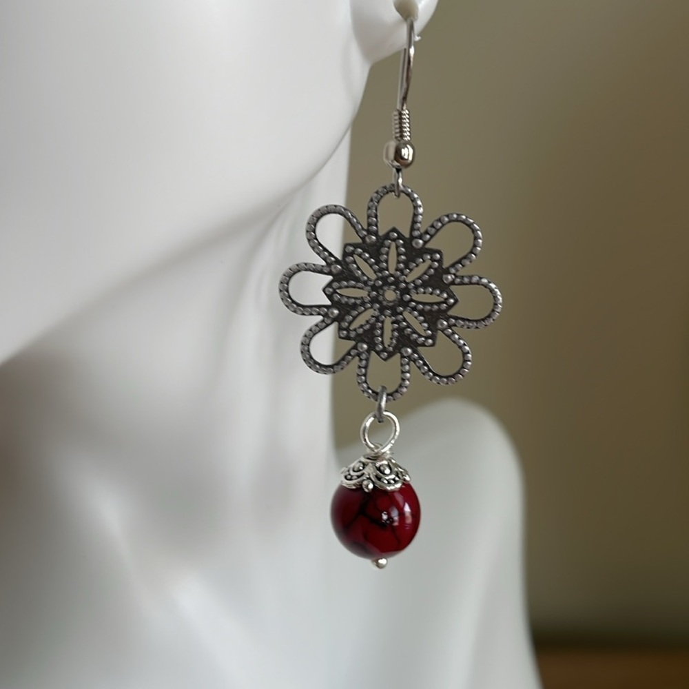 HAND CRAFTED RED DROP PIERCED EARRINGS Gunmetal with Red Glass Beads
